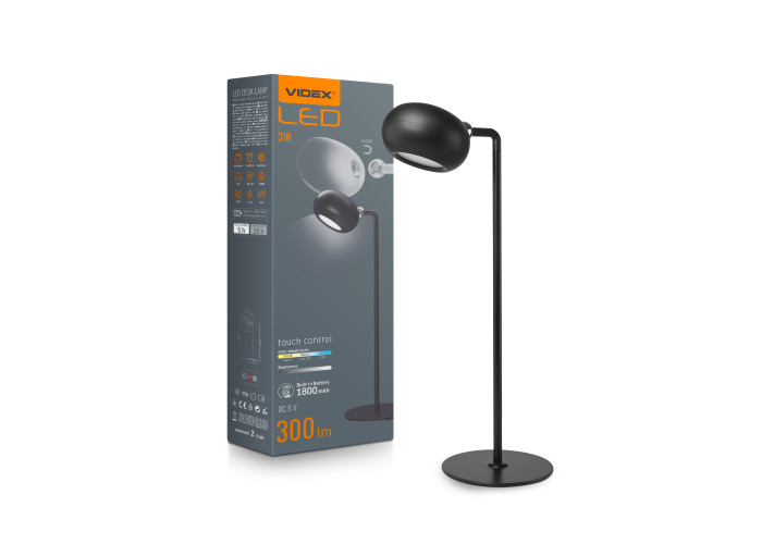 LED настольная лампа с аккумулятором VIDEX VLE-TF18B 3W 3000-5500K Черная