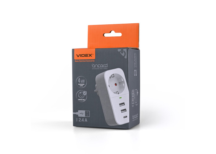 Мережевий адаптер VIDEX ONCORD з/з 1п 2.4A 2USB+USB-C White
