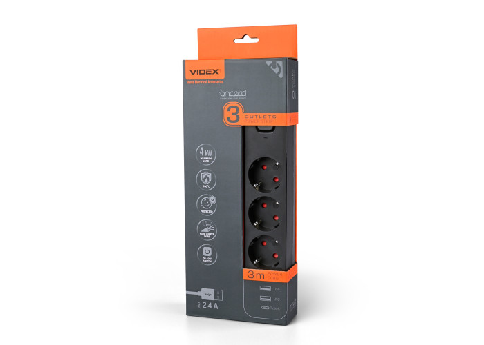 Сетевой удлинитель VIDEX ONCORD с/с 3п 3м (3x1.5мм) 2.4А 2USB+USB-C с кнопкой Black