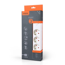 Сетевой удлинитель VIDEX ONCORD с/с 3п 3м (3x1.5мм) 2.4А 2USB+USB-C с кнопкой White