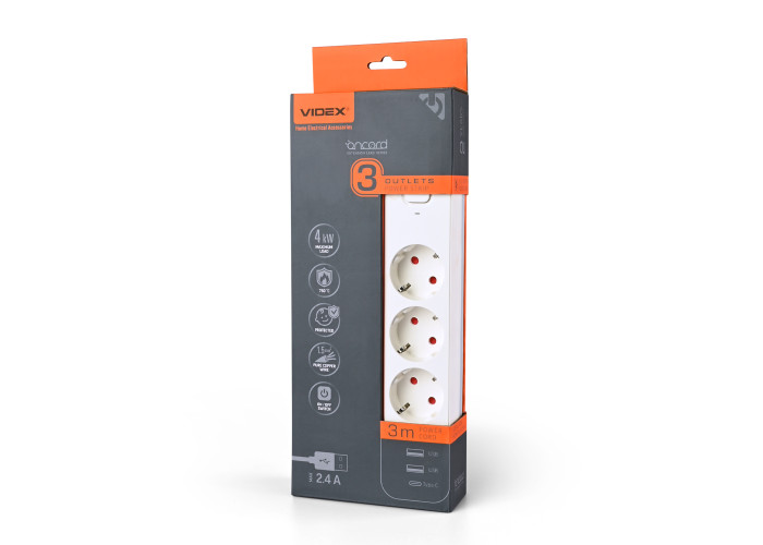 Сетевой удлинитель VIDEX ONCORD с/с 3п 3м (3x1.5мм) 2.4А 2USB+USB-C с кнопкой White