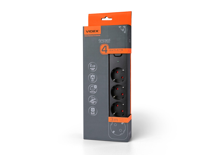 Сетевой удлинитель VIDEX ONCORD с/с 4п 3м (3x1.5мм) с кнопкой Black