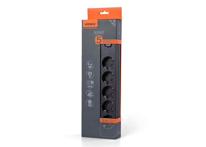 Сетевой удлинитель VIDEX ONCORD с/с 5п 3м (3x1.5мм) с кнопкой Black