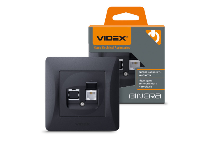 Розетка CAT3 одинарная телефонная черный графит VIDEX BINERA