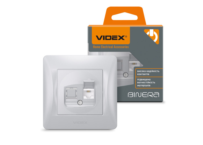 Розетка CAT3 одинарная телефонная серебряный шелк VIDEX BINERA